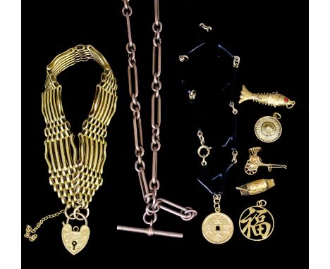 A modern gold coloured metal six gate bracelet with textured front to links and 9ct gold padlock clasp (weight 20 grammes), a