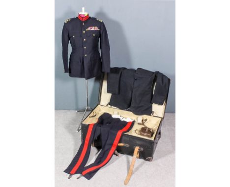 A large black leather trunk, 36ins wide x 22ins deep x 14ins high, containing the dress and undress uniforms plus other milit