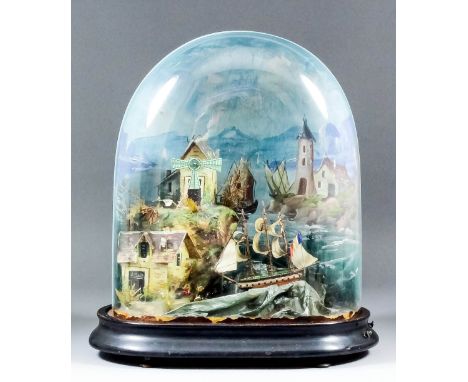 A 19th Century automaton of a seascape with French three-masted sailing ship, and a headland with windmill and cottage, under