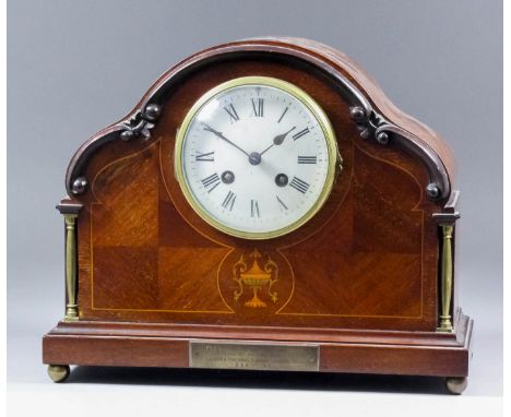 An early 20th Century French mahogany cased mantel clock by Japy Freres, No. 11546, the 4ins diameter white enamel dial with 