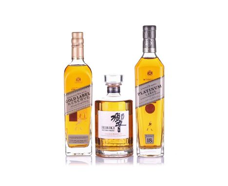 Three bottles of whisky comprising one Hibiki Japanese Harmony Suntory Whisky, 70cl, 43% and one Johnnie Walker Gold Label Re