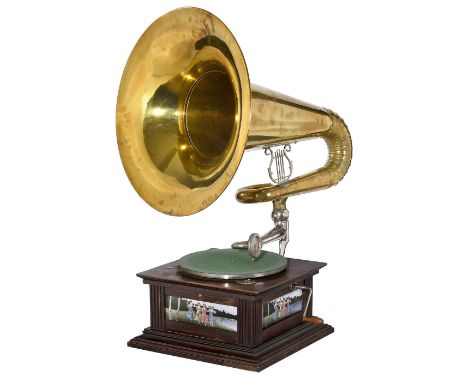 Trichtergrammophon Polyphon Nr. 88, um 1918Polyphon Musikwerke, Leipzig. Mahagonifarben mattiertes Gehäuse, 3 Seiten mit farb