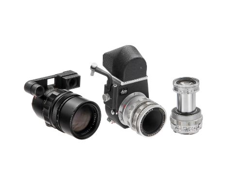 3 Leica-Objektive und Visoflex IIILeitz, Wetzlar/Canada. 1) Elmar 4/9 cm, Nr. 1137627, versenkbar. Sehr frühes Tele aus dem E