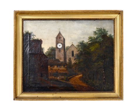 Bilderuhr mit Walzenspielwerk, um 1870Öl auf Leinwand mit Darstellung einer Turmruine, ländlichen Gebäuden und einer Kirche m