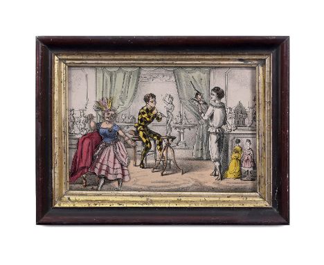 Musikalisches Automatenbild mit dem Atelier eines SpielwarenherstellersHerkunft unbekannt, handkolorierte Lithographie (stati