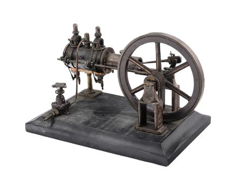 Modell-Dampfmaschine mit Ventilsteuerung, um 1930Vermutlich Deutschland, Zylinder mit Herstellerschild "A. Knabe", Messing un