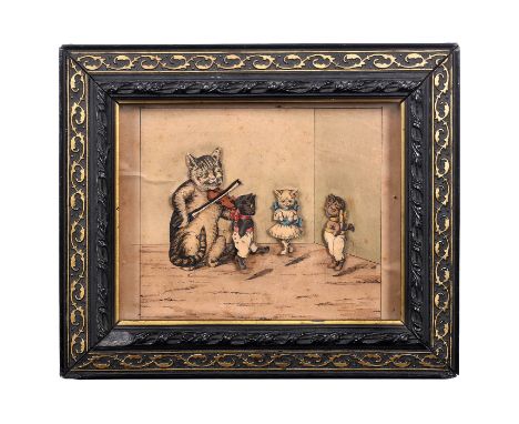 Musikalisches Automatenbild einer Katzentanzstunde, um 1890Deutschland, chromolithographierte Szene auf Karton mit vier beweg