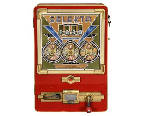 Geldspielautomat "Selekta", 1958Günter Wulff, Berlin. Mechanischer Spielautomat, Antrieb mit Kurbel, Einsatz: 10 Pfennig, Höc