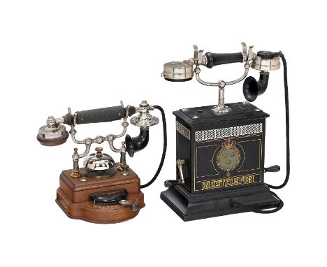 2 schwedische Tischtelephone1) Ericsson-Linienwähler HA150, um 1910, für 10 Anschlüsse, Einzelglocke, feste Gabel, Handappara