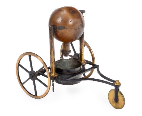 Dreirad mit Herons Dampfantrieb, um 1900Messing und Eisen, original zaponiert oder schwarz lackiert, Vorderrad verstellbar, M