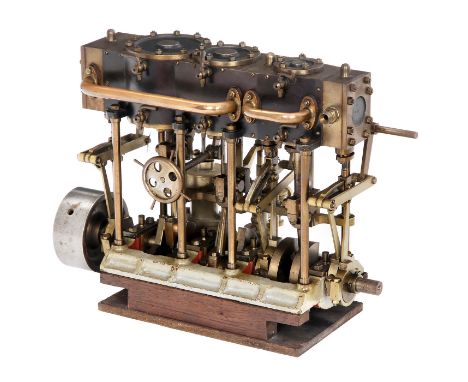 Dreizylinder-Schiffs-Verbunddampfmaschine, um 1950Funktionsmodell aus Messing, poliertem Stahl und Gußmetall, mit Hoch-, Mitt