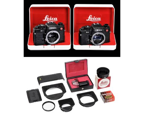 Leica R5 und R7 und ZubehörLeica, Solms. 1) Leica R6, Nr. 1729000, um 1987. Mit Deckel, Trageriemen, Repräsentationsbox und U