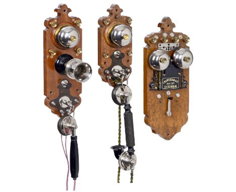 2 Linienwähler und Zwischenschalter von L.M. Ericsson, um 19001) Wandtelephon für Zentralbatterie, Modell BC 1100, Sockel aus