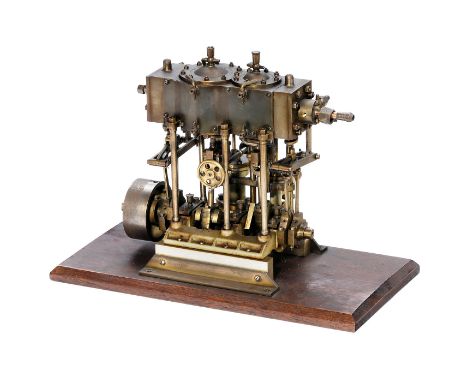 Präzisionsmodell einer stehenden Zweizylinder-Dampfmaschine, um 1960Verbunddampfmaschine, hergestellt aus Messing, Stahl und 