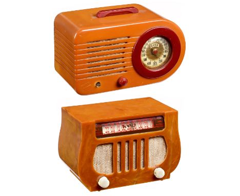 2 Art-déco-Radios in Catalin-Gehäusen, um 19451) DeWald, Modell A-501 Harp, DeWald Radio Mfg. Corp., USA, 5 Röhren, nur Mitte