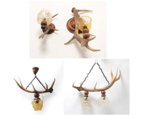 Antler Furniture: Antler Mounted Light Fittings, circa late 20th century, to include - a large single Red deer antler ceiling