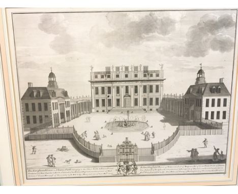 A large framed early 19th century print entitled The Royal Hospitall at Chelsey 11cmx 79cm  a view of the Duke of Marlborough