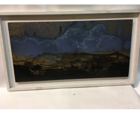 A framed abstract oil painting on board attributed to Denis Bowmen entitled Blue Clouds and dated 1995 to the reverse signed 