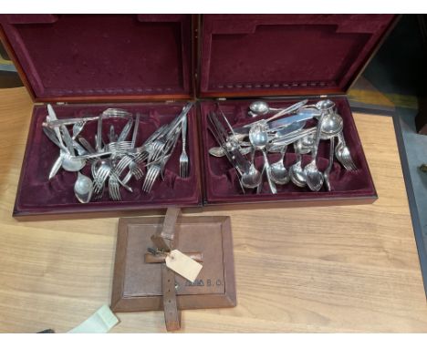 A vintage leather writing box, and 2 cases of cutlery..