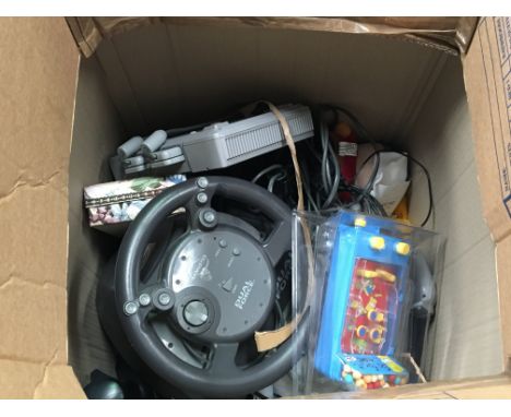 Three boxes containing vintage computer games including a PS1 and other Intendo wii and music CDs  etc. (a lot)