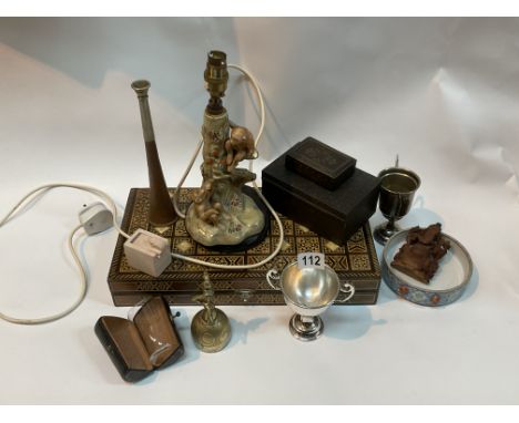 Collective lot to include. Inlaid chess board, Satsuma monkey lamp base, 2 Persian trinket boxes, African brass bell &amp; si