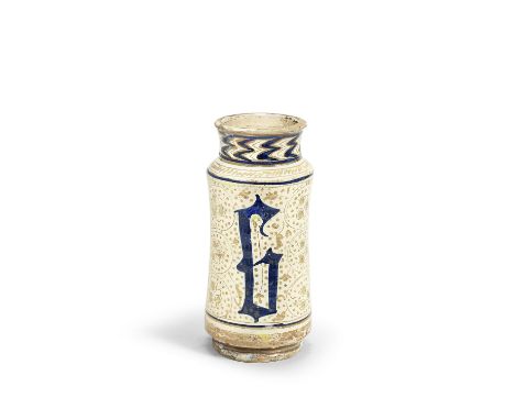 A Spanish Hispano-Moresque lusterware Albarello, Valencia (Manises), circa 1400-1450Of cylindrical form, with a tall neck and