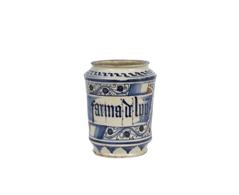 A Pesaro or Faenza maiolica albarello, second half 15th centuryDecorated with a scrolling drug label reading 'FARINA DE LUU' 