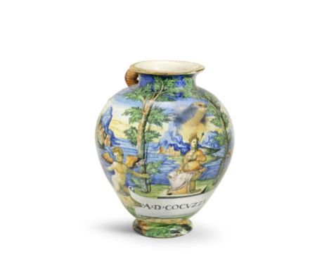 A massive Urbino maiolica istoriato wet drug jar, attributed to the Fontana Workshop, circa 1565-70Of oval shape with a serpe