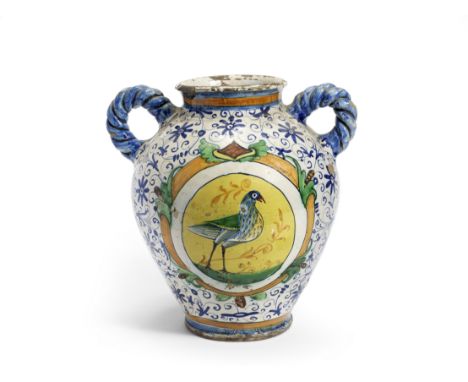 A Montelupo maiolica two-handled vase, circa 1560-70Of ovoid form with blue rope-twist handles, one side painted with a woman