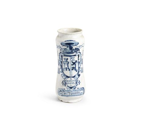 A Spanish, Talavera Albarello, made for the monastery of San Benito el Real, 18th CenturyDecorated in blue with an escutcheon