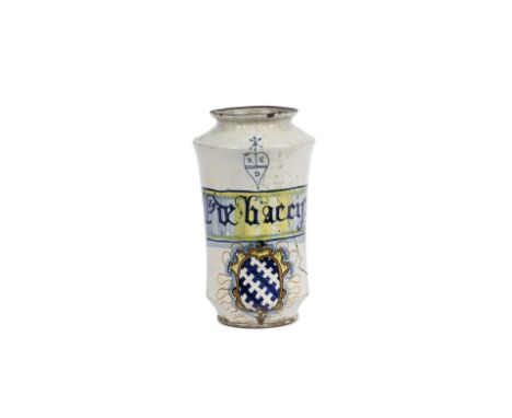A Faenza or Castel Durante maiolica armorial albarello, mid 16th centuryDecorated with a coat of arms below a scrolling drug 