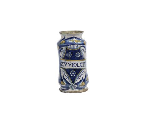 A Deruta or Tuscan Maiolica Albarello, circa 1530Decorated with a drug label 'ZU.VIOLATO', or candied violets, set on an escu