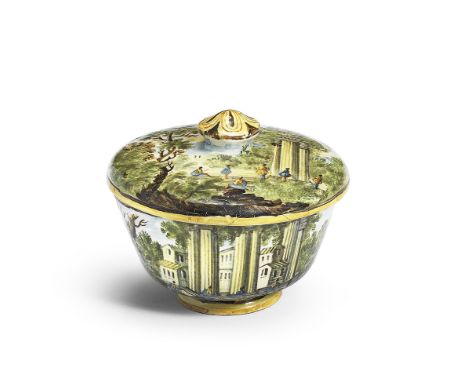 A Castelli maiolica bowl and cover, circa 1760Painted probably in the Gentili workshop, the bowl with a continuous scene depi
