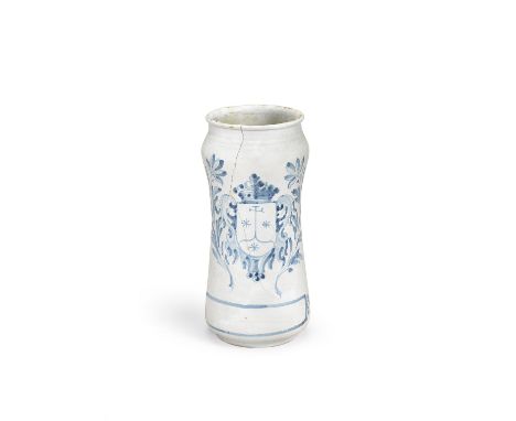 A Spanish, Talavera, Armorial Albarello, late 18th centuryDecorated in blue with a coat of arms, of three stars surrounding a