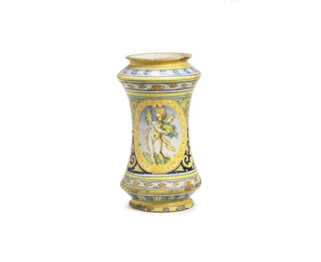 A Palermo maiolica albarello, 17th CenturyOf waisted cylindrical shape, decorated with an oval cartouche enclosing a standing