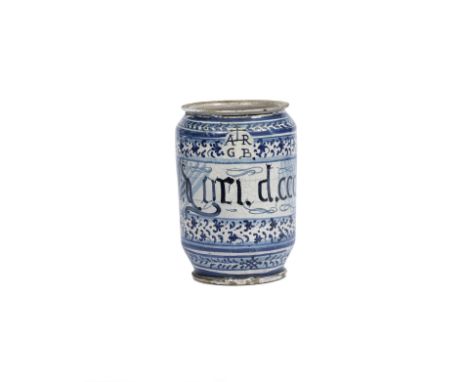 A Faenza maiolica albarello, circa 1530Decorated in blue with a drug label  inscribed 'AORI. D.CEDR' under an apothecary escu