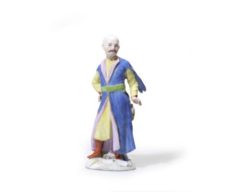 A Meissen figure of a Polish Nobleman, the porcelain circa 1750, the decoration 19th centuryDecorated in blue cloak and green