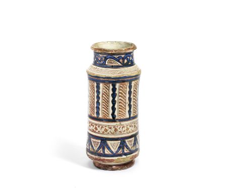 A Spanish Hispano-Moresque Albarello, Valencia (Manises), circa 1400-1450The cylindrical form, with a tall neck and slanting 