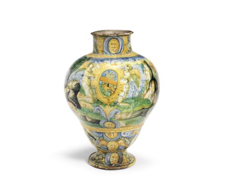 A large Castel Durante armorial istoriato container, workshop of Ludovico and Angelo Picchi, circa 1560Of inverted pear shape