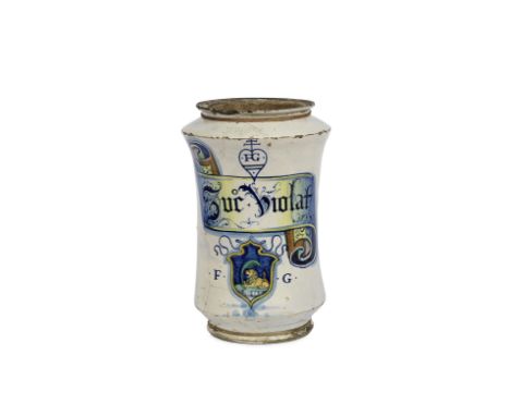 A very large Castel Durante maiolica armorial albarello, first half 16th centuryPainted with a polychrome scrollwork drug lab