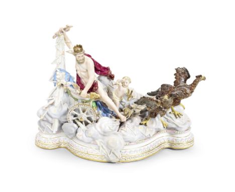 A Meissen group of Jupiter in his chariot, 19th centuryModelled by J.J. Kaendler, the crowned god draped in a purple cloak, l