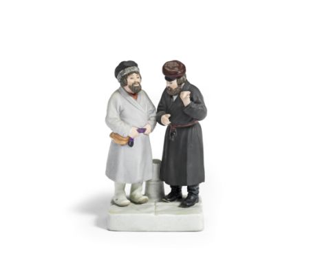 A Russian biscuit porcelain group of two men, Moscow, Gardner's factory, late 19th centuryDecorated in enamel colours, the be