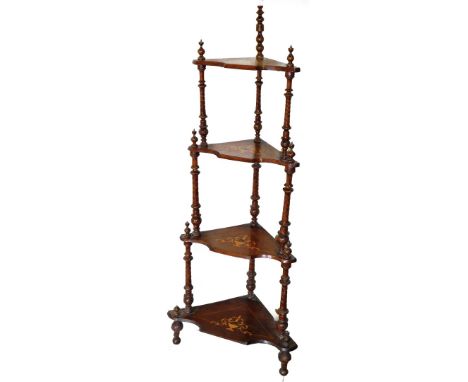 An Victorian walnut marquetry corner whatnot, each shelf with urn and swan inlay, four shelves on bobbin turned supports, (AF