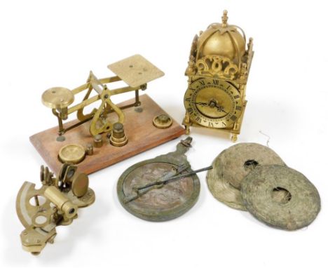 Postal scales and curios, to include sextant, weighing scales, miniature lantern clock, drop dial weight, etc. (a quantity)