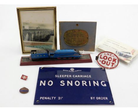 A group of railway ephemera, to include a black and white postcard of The Flying Scotmans crossing Royal Border Bridge Bewick