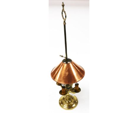 A copper and brass table lamp, the arched top converted to electricity, with a copper shade on brass four branch sconce, 82cm