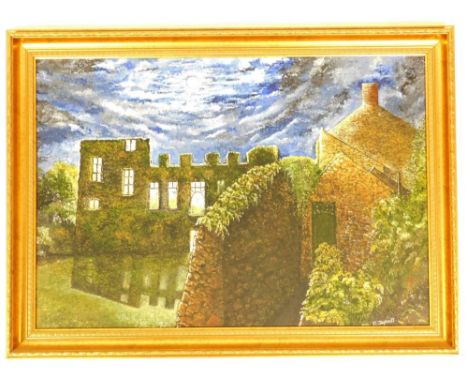 R Jephott (21st School). House ruins and walled gardens at night, signed, oil on board, 61cm x 80cm, in gilt frame.