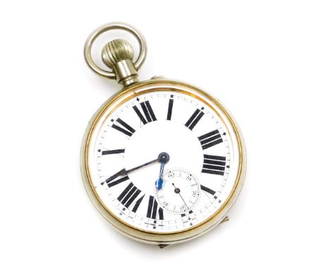 A silver plated cased Goliath pocket watch, with white enamel dial and Roman numerals, with seconds dial and blue hands, beze