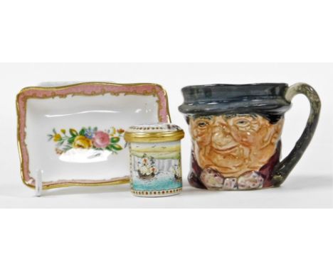 A small group of ceramics, to include a Halcyon Days enamel box, a miniature Royal Doulton character jug and a Crown Stafford