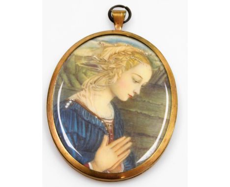 M.F.Fippi. A 19thC miniature, of a female in blue dress, painted on ivory, oval, 8.5cm high, in a yellow coloured gilt metal 